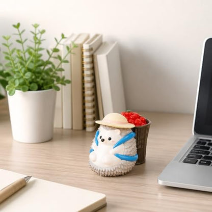 Gray Hedgehog Pen Holder & Desk Figurine with Removable Tomato