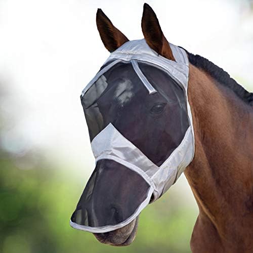 Harrison Howard CareMaster Horse Fly Mask Full Face No Ears Silver/Black Retro Medium Cob