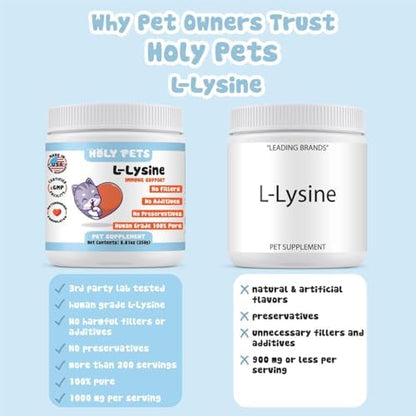 100% Pure L-Lysine Powder for Cats–No Flavors, No Fillers or Preservatives–1,000mg per Scoop–Immune, Respiratory & Eye Support–Sneezing, Runny Nose & Cold Symptoms (500g)