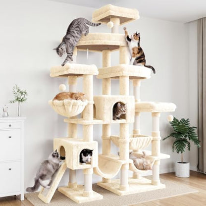 SHA CERLIN 83 in Cat Tree Tower for Indoor Adult Felines 20lbs+/Multi-Level Heavy Duty Cat Tower for Big Maine Coon/Giant Perches/Wide Baseboard/Sisal Scratching Posts/Cozy Condos/Beige