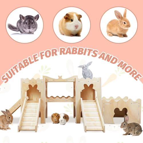 Extra Large Wooden Rabbit Castle Hideaway Tunnel and Bed Small Animal Hideaway Hut Solid Safe Construction Play Hideaway Hut for Rabbit Guinea Pig Chinchilla