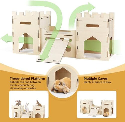 HIIMALEX Extra Large Wooden Bunny Castle House Multistory Climbing Tower Hideout Ventilated Sturdy Habitat for Rabbit Guinea Pig Chinchilla Ferret