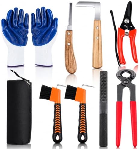 WILLBOND 9 Pcs 8 Inch Farrier Tools Kit Horse Goat Hoof Trimmer Metal Shears Farriers Hoof Nipper Cutter Handle Knife Gloves Brush Goat Supplies with Storage Bag
