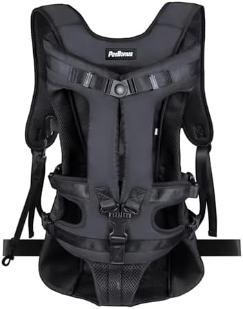 PetBonus Pet Front Dog Carrier Backpacks, Adjustable Pet Backpack, Legs Out Easy-fit Puppy Chest Carrier for Medium Small Dogs, Hands Free for Hiking, Cycling (Black, XL)