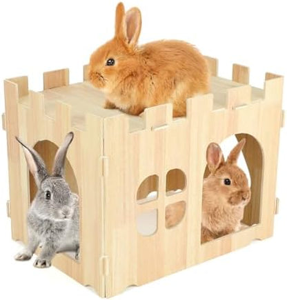 BWOGUE Large Wooden Bunny Hideout,Detachable Rabbit Castle for Small Animal