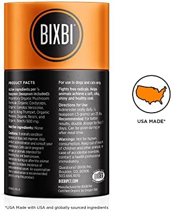 BIXBI Dog & Cat Skin & Coat Support, 2.12 oz (60 g) - All Natural Organic Pet Superfood - Daily Mushroom Powder Supplement - USA Grown & USA Made - Veterinarian Recommended for Dogs & Cats