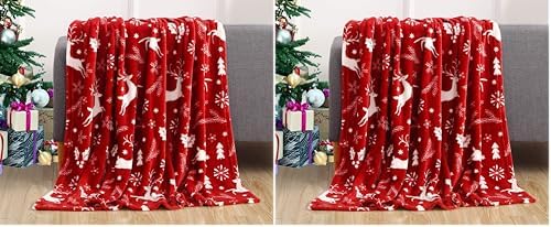 Elegant Comfort Velvet Touch Ultra Plush Christmas Holiday Printed Fleece Throw/Blanket-50 x 60inch, (Burgundy Reindeer) (Pack of 2)