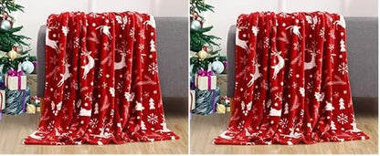 Elegant Comfort Velvet Touch Ultra Plush Christmas Holiday Printed Fleece Throw/Blanket-50 x 60inch, (Burgundy Reindeer) (Pack of 2)
