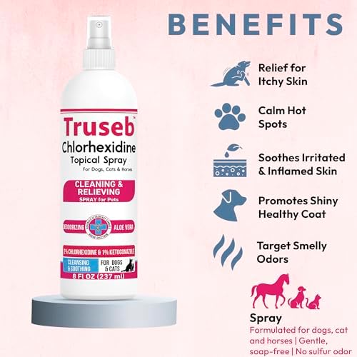 Truseb Advanced Strength Medicated Chlorhexidine for Dogs Cats Horses Skin Spray with Aloe Vera - Medicated Ketoconazole Spray for Skin Irritation, Hot Spots, Redne (Medicated Ketoconazole Spray, 8oz)
