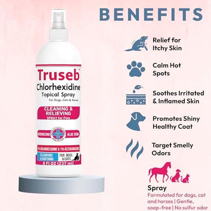 Truseb Advanced Strength Medicated Chlorhexidine for Dogs Cats Horses Skin Spray with Aloe Vera - Medicated Ketoconazole Spray for Skin Irritation, Hot Spots, Redne (Medicated Ketoconazole Spray, 8oz)