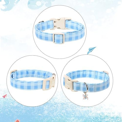 Boy Dog Collar Blue Gingham Dog Collars for Large Dogs - Lightweight Adjustable Spring/Summer Plaid Male Female Dogs Everyday Collar with Safety Buckle L