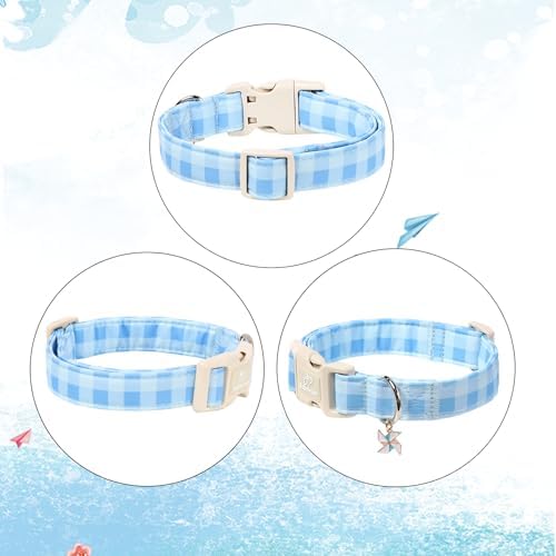 Boy Dog Collar Blue Gingham Dog Collars for Small Dogs - Lightweight Adjustable Spring/Summer Plaid Male Female Dogs Everyday Collar with Safety Buckle S