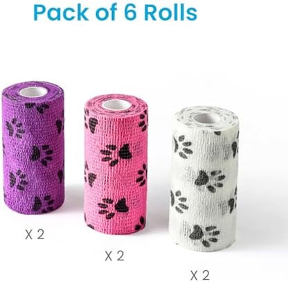 WePet Pet Wrap, Self-Adhesive, Only Sticks to Itself, Non-Woven Tape for Dog Legs, Paws, Wounds, First Aid Cohesive Gauze for Horse, Cat, Bird, Animal, 6 Rolls, 4 Inch, Pawprints B