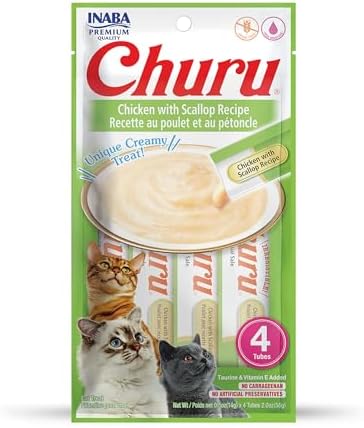 INABA Churu Lickable Purée Natural Cat Treats (Chicken with Scallop Recipe, 4 Tubes)
