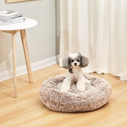 Bedfolks Calming Fluffy Donut Dog Bed for Small Dogs,Brown, 23" Round