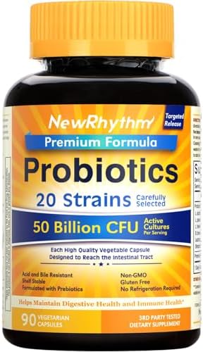 NewRhythm Probiotics 50 Billion CFU 20 Strains, 90 Veggie Capsules, Targeted Release Technology, Stomach Acid Resistant, No Need for Refrigeration, Non-GMO, Gluten Free