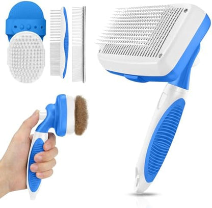 Self Cleaning Shedding Brush - 5-in-1 Professional Pet Grooming Kit Skin Friendly Grooming Tool for Dogs, Cats, and Puppies, Deshedding and Hair Removal for Long and Short Haired Pets（Blue-White）