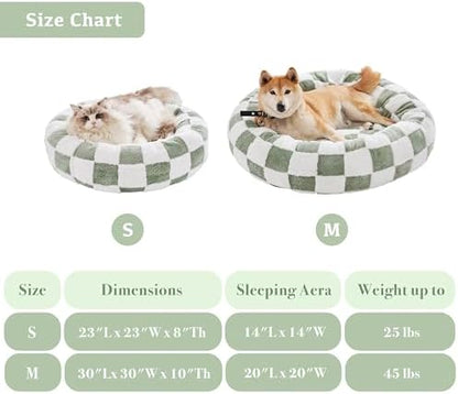 Ohocut Checkered Cat Dog Bed, Cute Sage Green Retro Style Aesthetic Round Warming Pet Calming Beds for Small Dog and Cats, Plush Cozy Donut Beds Washable, 23" L x 23" W x 8" Th