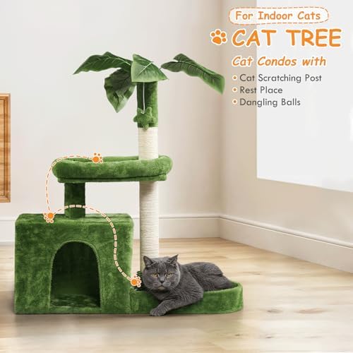 Athena Collection Small Cat Tree Tower with Scratching Post, 32 Inch Modern Cute Cat Tree Condo with Cozy Perch Haing Ball Green Leaves for Kittens Indoor Playing, Green