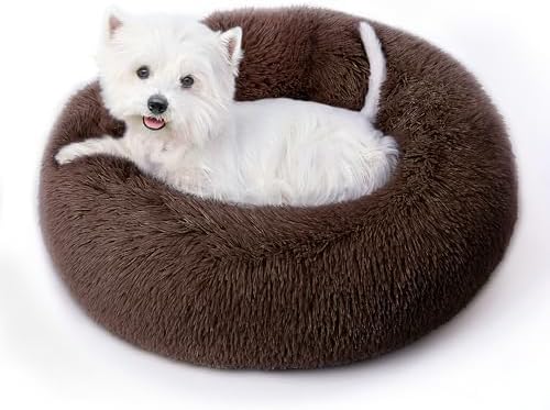 Calming Round Dog Bed & Cat Bed with Anti-Slip Bottom, Medium Size Washable Anti-Anxiety Donut Dog Beds for Small Dogs & Cats, Fluffy Plush Soft Dog Bed(24 Inch, Dark Brown)