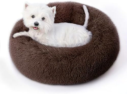 Calming Round Dog Bed & Cat Bed with Anti-Slip Bottom, Medium Size Washable Anti-Anxiety Donut Dog Beds for Small Dogs & Cats, Fluffy Plush Soft Dog Bed(24 Inch, Dark Brown)