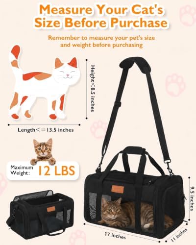 PETUX Airline Approved Pet Carrier for Small Cats up to 12 lb, Black