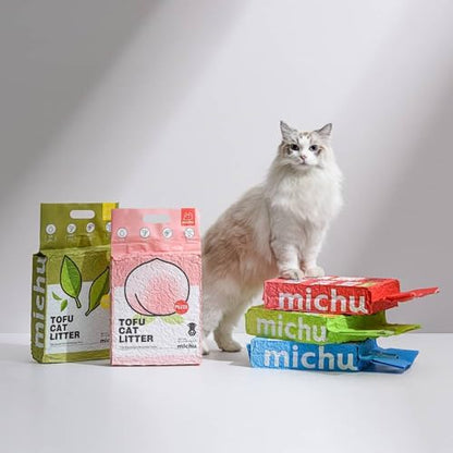 Michu Tofu Cat Litter Natural Clumping Tofu Cat Litter, Fast Clumping and Easily Scoop-able 5.5lb/88oz 5 Scents - Greentea, 12 Pack