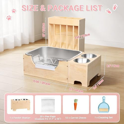3-in-1 Rabbit Hay Feeder with Stainless Steel Litter Box, Wooden Bunny Hay Rack & Food Bowl Stand Combo, Low Entry Potty Trainer for Guinea Pigs, Includes 20 Pee Pads & 12 Carrot Treats
