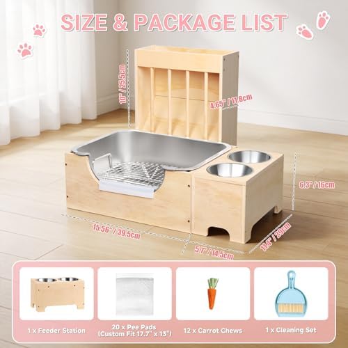 3-in-1 Rabbit Hay Feeder with Stainless Steel Litter Box, Wooden Bunny Hay Rack & Food Bowl Stand Combo, Low Entry Potty Trainer for Guinea Pigs, Includes 20 Pee Pads & 12 Carrot Treats