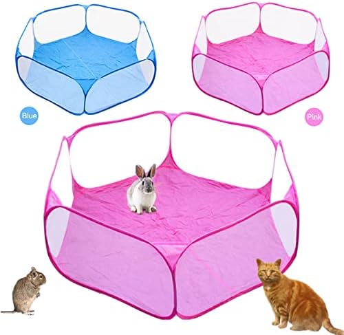 Guinea Pig Playpen Rabbit Cage Breathable & Transparent Small Animal Cage, Pop Open Outdoor/Indoor Exercise Fence, Portable Yard Fence for Guinea Pig Rabbit Hamster Chinchilla Hedgehog (Pink)