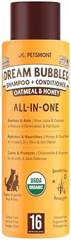Petsmont Dream Bubbles Organic Shampoo + Conditioner for Dogs and Cats - Oatmeal Shampoo for Sensitive Skin, Anti Itch Conditioner 2 in 1 Dog Itch Relief - 16oz