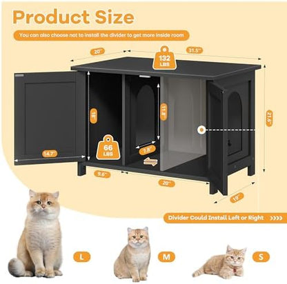 Shintenchi Cat Litter Box Enclosure, Litter Box Furniture Cabinet Hidden with Removable Divider, Wooden Cat House with End Table, Black, 31.5 inch