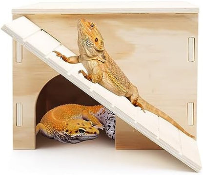 Large Bearded Dragon Hide Cave, Wooden Lizard Hideout with Climbing Ramp, Reptile Habitat with Basking Platform, Tank Accessories for Bearded Dragon Lizard Chameleon Hamster 11.3 x 9.1 x 7.1 Inch