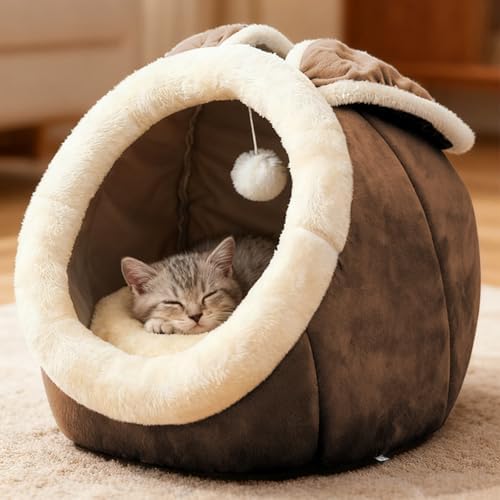 Cat Beds for Indoor Cats-Rabbit-Shaped Cat Cave Bed with Toy,Brown L