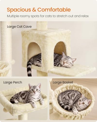 Feandrea Cat Tree, 68.5-in Tall Cat Tower, Multi-Level Condo, Beige