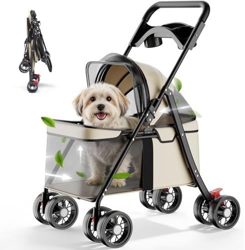 GTPLAYER Foldable Pet Stroller for Small Dogs and Cats, Holds Up to 33 lb, 4-Wheel Stroller with 2 Safety Tethers, Breathable Mesh, Lockable Front Wheels, Cup Holder/Tray & Storage Pocket, Cream