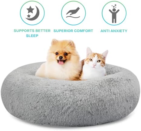 SAVFOX 30 inches Calming Donut Dog Bed - 3X Durable Plush Faux Fur, Machine Washable & Non-Slip, Fits up to 45 lbs, Light Grey