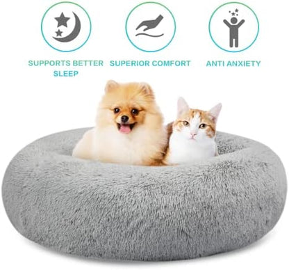 SAVFOX 23 inches Calming Donut Dog Bed - 3X Durable Plush Faux Fur, Machine Washable & Non-Slip, Fits up to 25 lbs, Light Grey