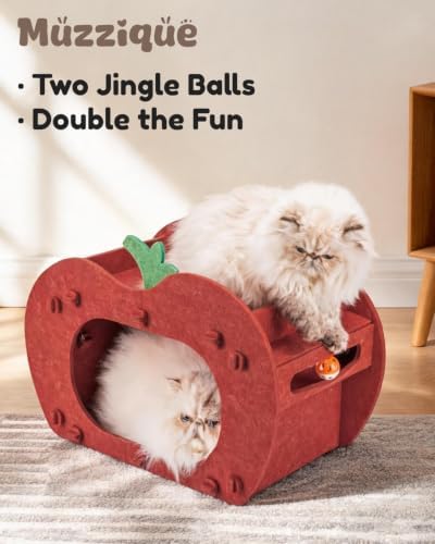 Cat Cave Bed for Indoor Cats, Red Apple Cat Hideaway House, with Perch&Toys