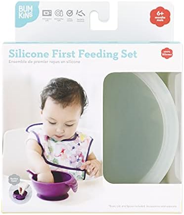 Bumkins Baby Bowl, Silicone Feeding Set with Suction for Baby and Toddler, Includes Spoon and Lid, First Feeding Set, Training Essentials for Baby Led Weaning for Babies 4 Months Up, Sage