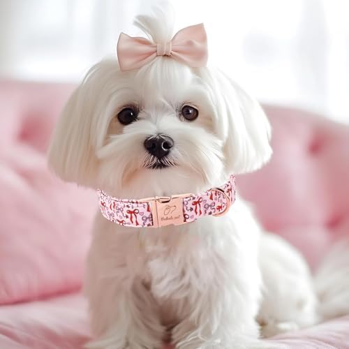 Pink Dog Collar for Female Small Dogs - Cute Bow Pattern Girl Dog Collar for Spring Summer, Adjustable Heavy Duty Pet Valentines Collars with Metal Buckle S