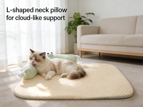 L-Shaped Pet Bed Mat with Pillow, Breathable Machine Washable Cushion for Cats, Kittens, Small Pets (Beige)