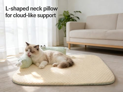 L-Shaped Pet Bed Mat with Pillow, Breathable Machine Washable Cushion for Cats, Kittens, Small Pets (Beige)