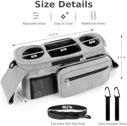 Universal Stroller Organizer with Insulated Cup Holder Detachable Phone Bag and Carry Strap Fits Uppababy, Baby Jogger, Britax, BOB, Umbrella and Pet Stroller and more (Light gray)