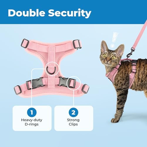Voyager Escape-Proof Step-in Lock Cat Harness & 5ft Neoprene-Handle Leash Set All-Weather Mesh with Reflective Stitching for Small to Large Cats by Best Pet Supplies, Pink (327), S