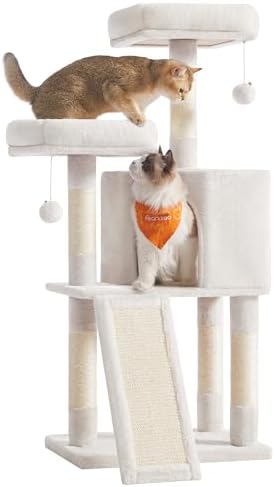Feandrea Cat Tree, 45.3-Inch Cute Cat Tower, Plush Climbing Condo, White