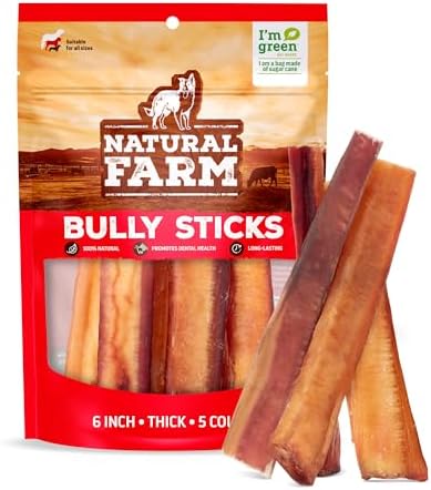 Natural Farm Odor-Free Thick Bully Sticks (6”, 5-Pack) All-Natural Long-Lasting Dog Chews, 100% Beef Pizzle, Grass-Fed, Grain-Free, Protein for Muscle Development & Energy, Perfect for Medium Chewers