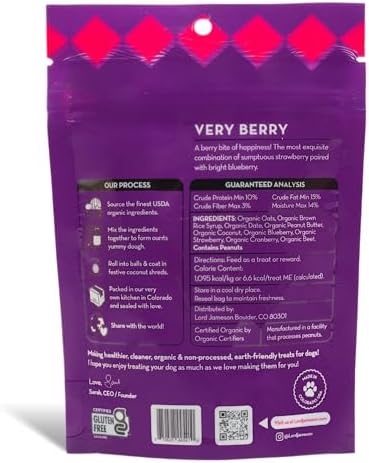 Lord Jameson Very Berry Soft & Chewy Certified Organic Dog Treats for Small Breeds - Antioxidant-Rich Blueberries & Strawberries - No-Bake Recipe, Gluten-Free, Preservative-Free - Made In USA - 3 oz