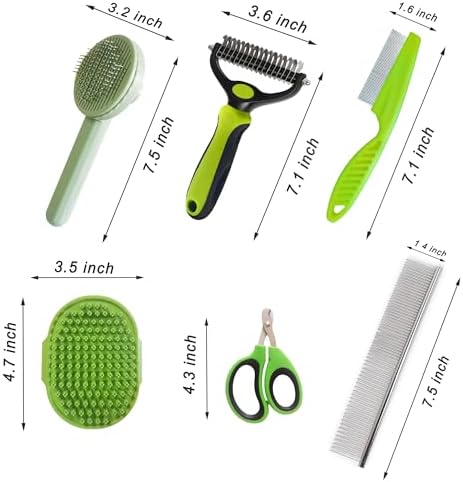 Cat Grooming Brush Kit 6 Tools - Deshedding & Dematting for Long/Short Hair, Self-Cleaning Slicker Brush with 6-in-1 Flea Comb for Cats & Kittens (Green)
