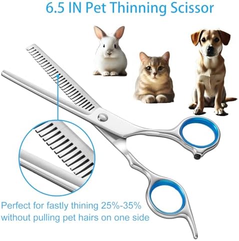 5 in 1 Upgraded Thicken Dog Grooming Scissors, Professional Dog Scissors for Grooming with Safety Round Tips, Lengnoyp Stainless Steel Thinning Shears, Pet Cat Shears for Grooming Kit